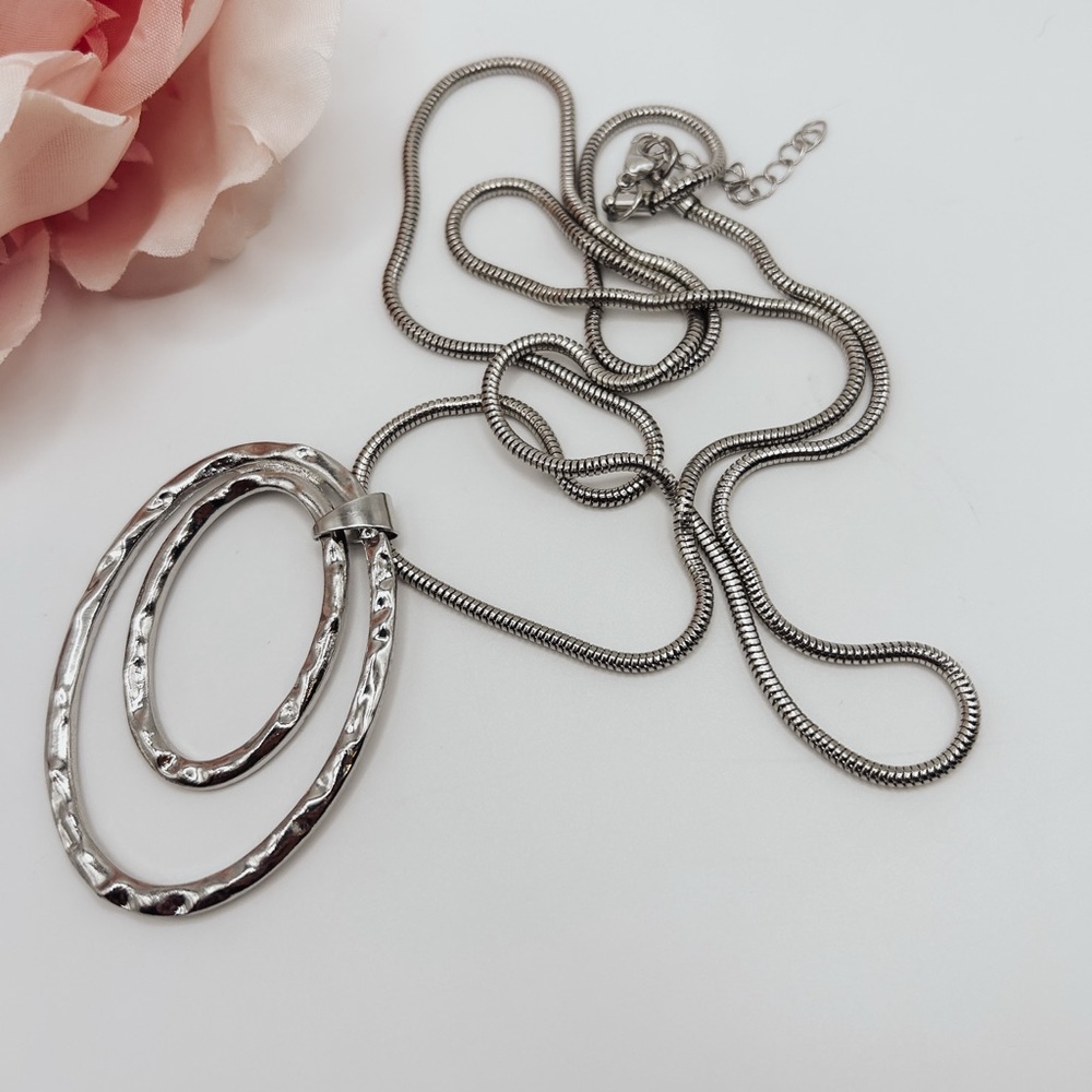 Silver Hammered Pendant Necklace Double Oval Layered Modern Statement